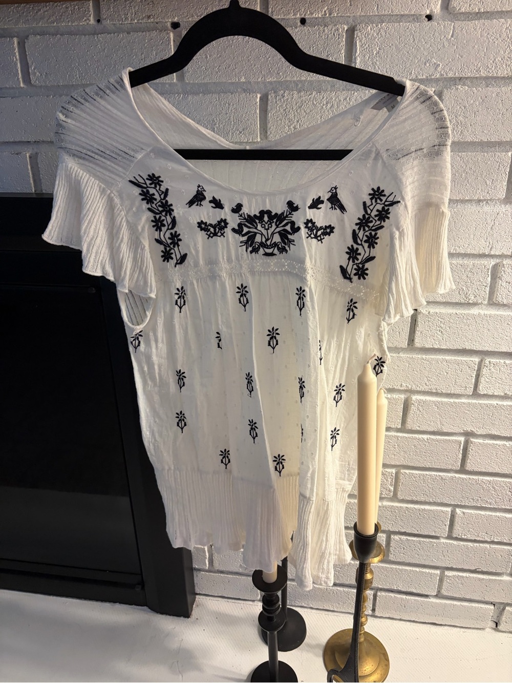 Lucky Brand White Top with Black Embroidery